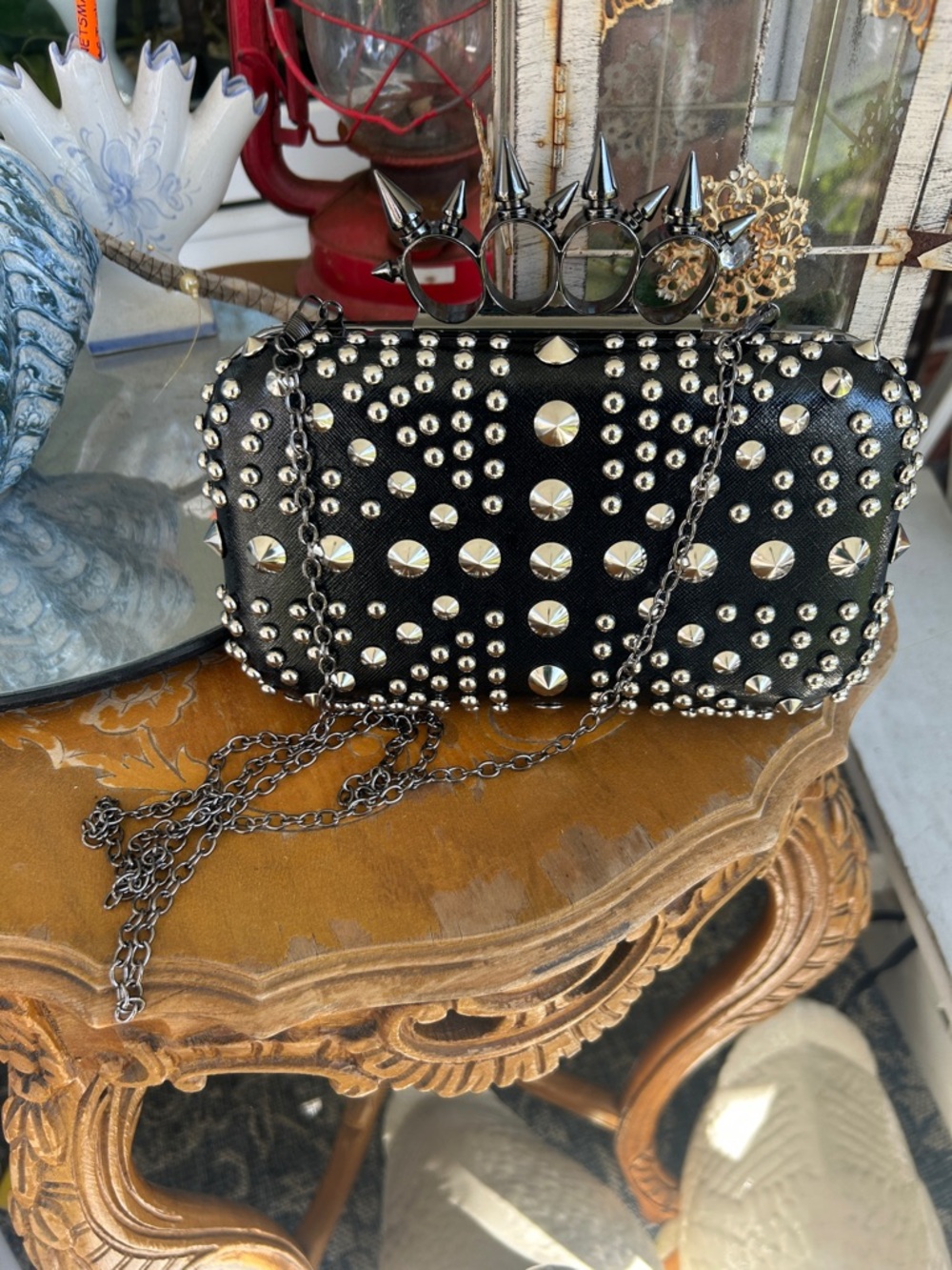 Black Studded Spike Knuckle Ring Bag - Picture 2 of 8